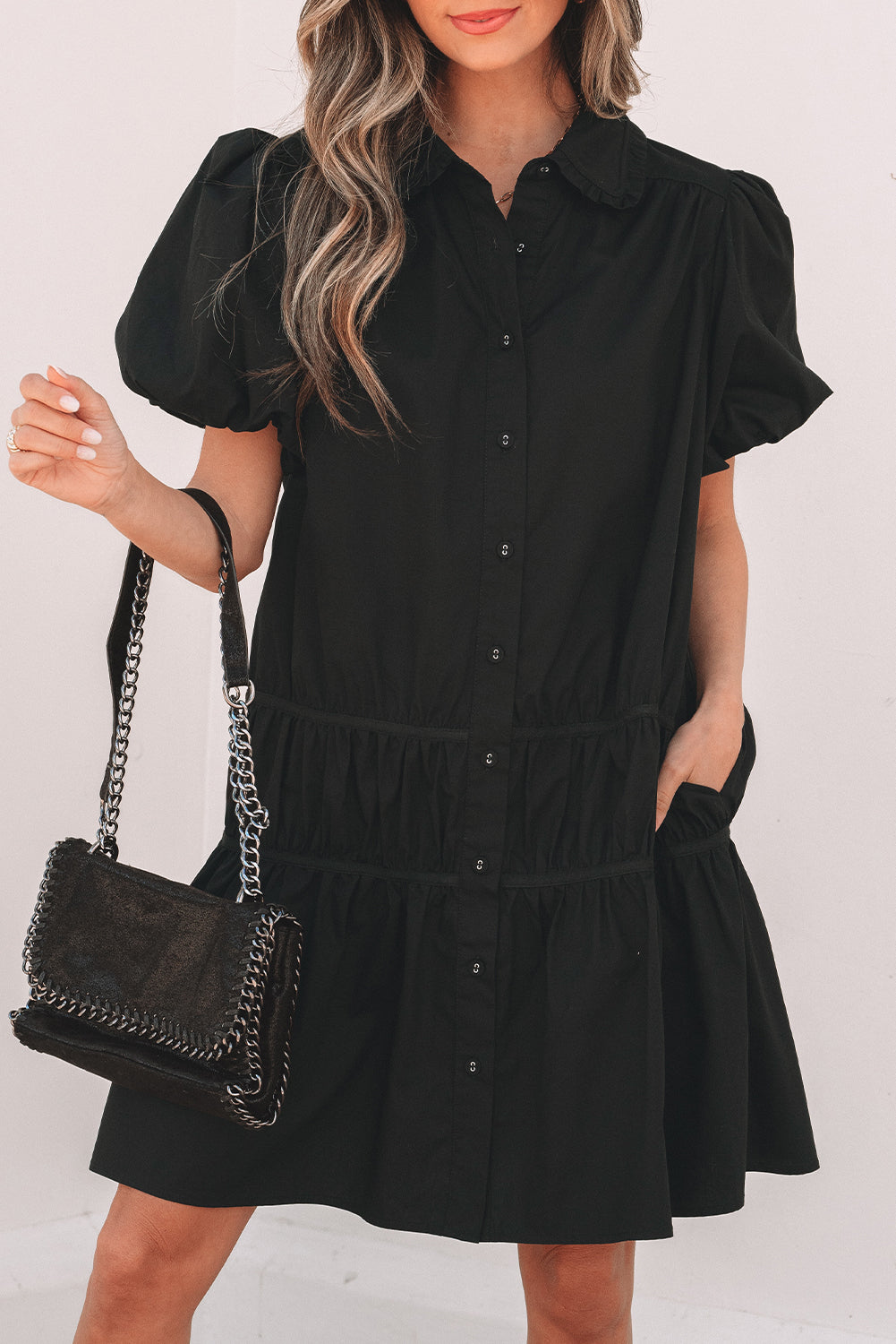 Black Shirt Style Button Down Puff Sleeve Ruffle Hem Dress Dear-Lover Dropshipping