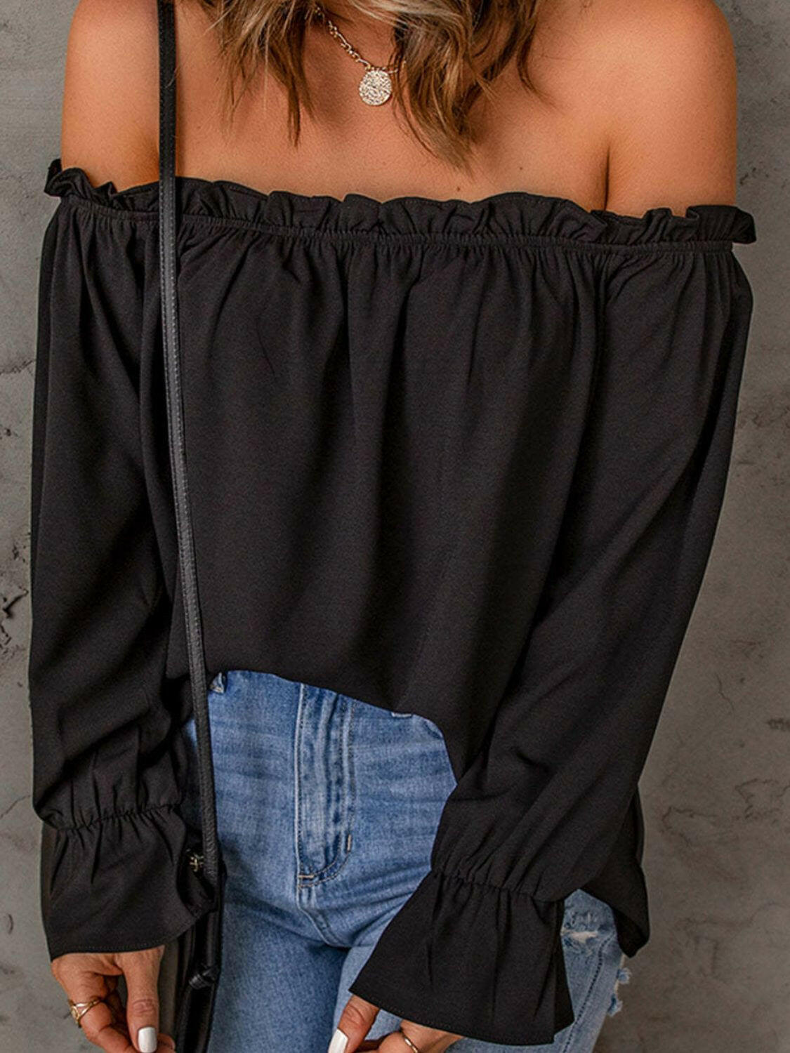 Off-Shoulder Flounce Sleeve Blouse.