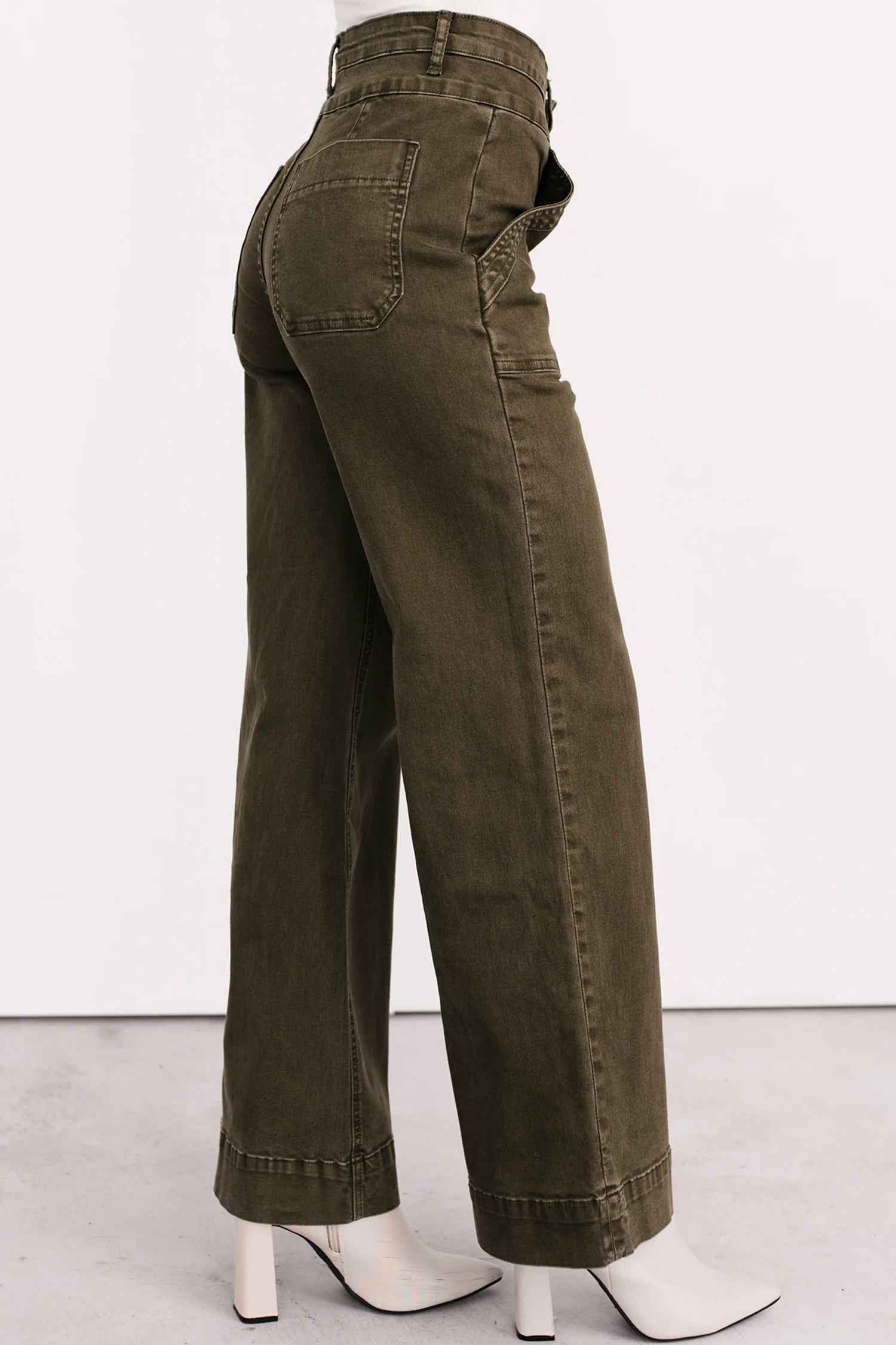 Jungle Green Double Waistband Loose Straight Jeans