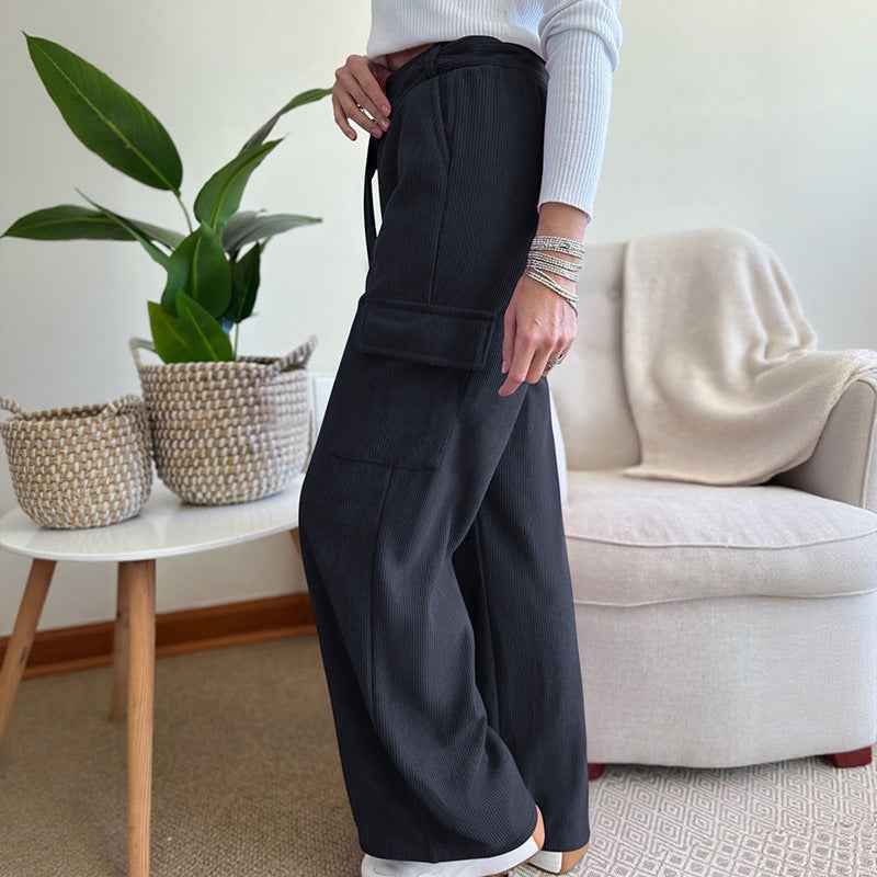 Minimalist style loose solid color corduroy wide leg pants for women