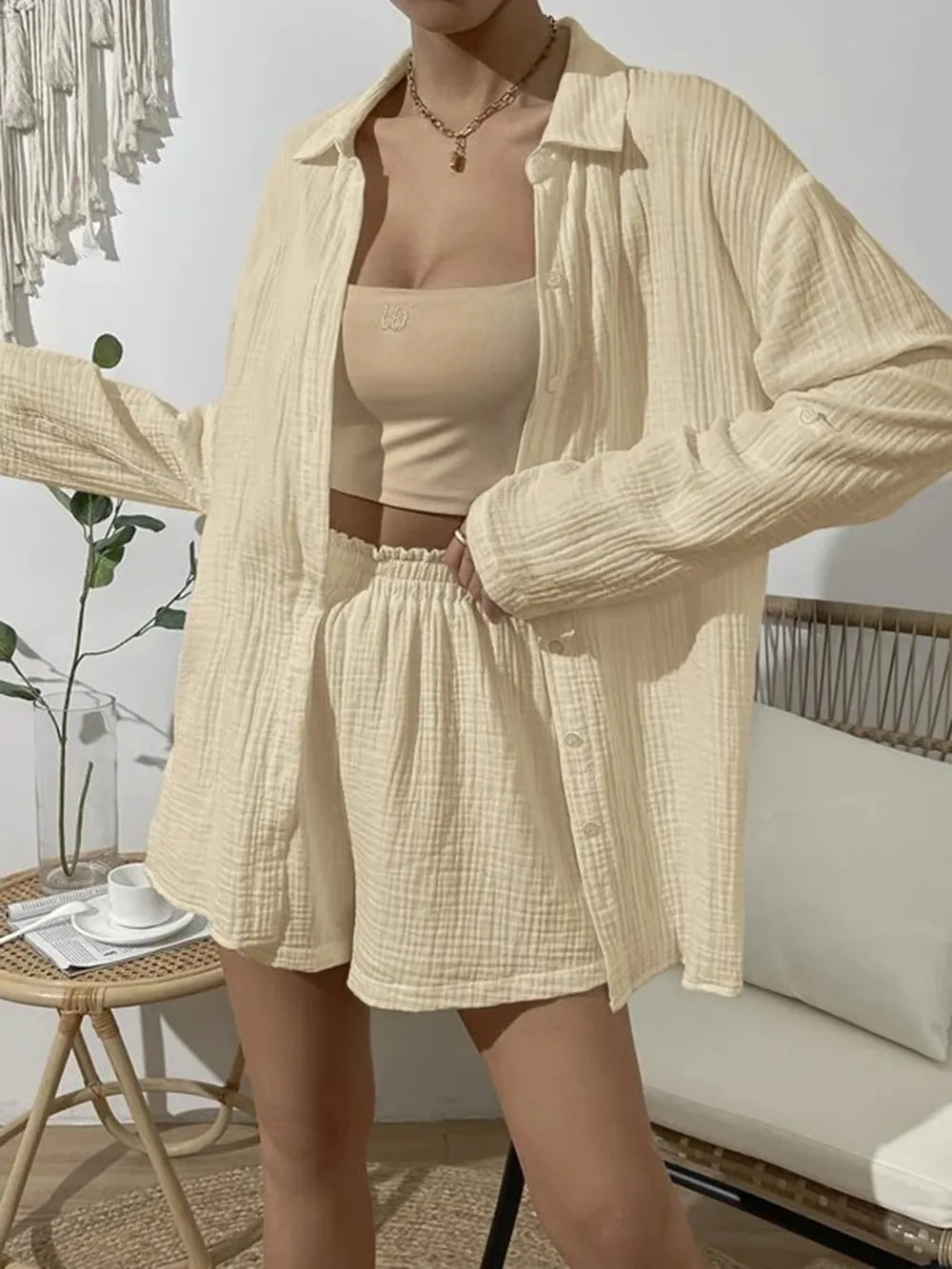Dropped Shoulder Button Up Top and Elastic Waist Shorts Set - CHIC TB