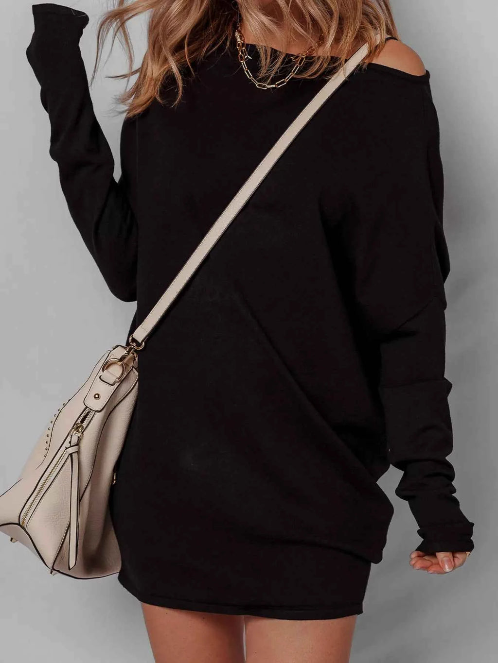 Asymmetric Neck Batwing Sleeve Shift Mini Sweater Dress