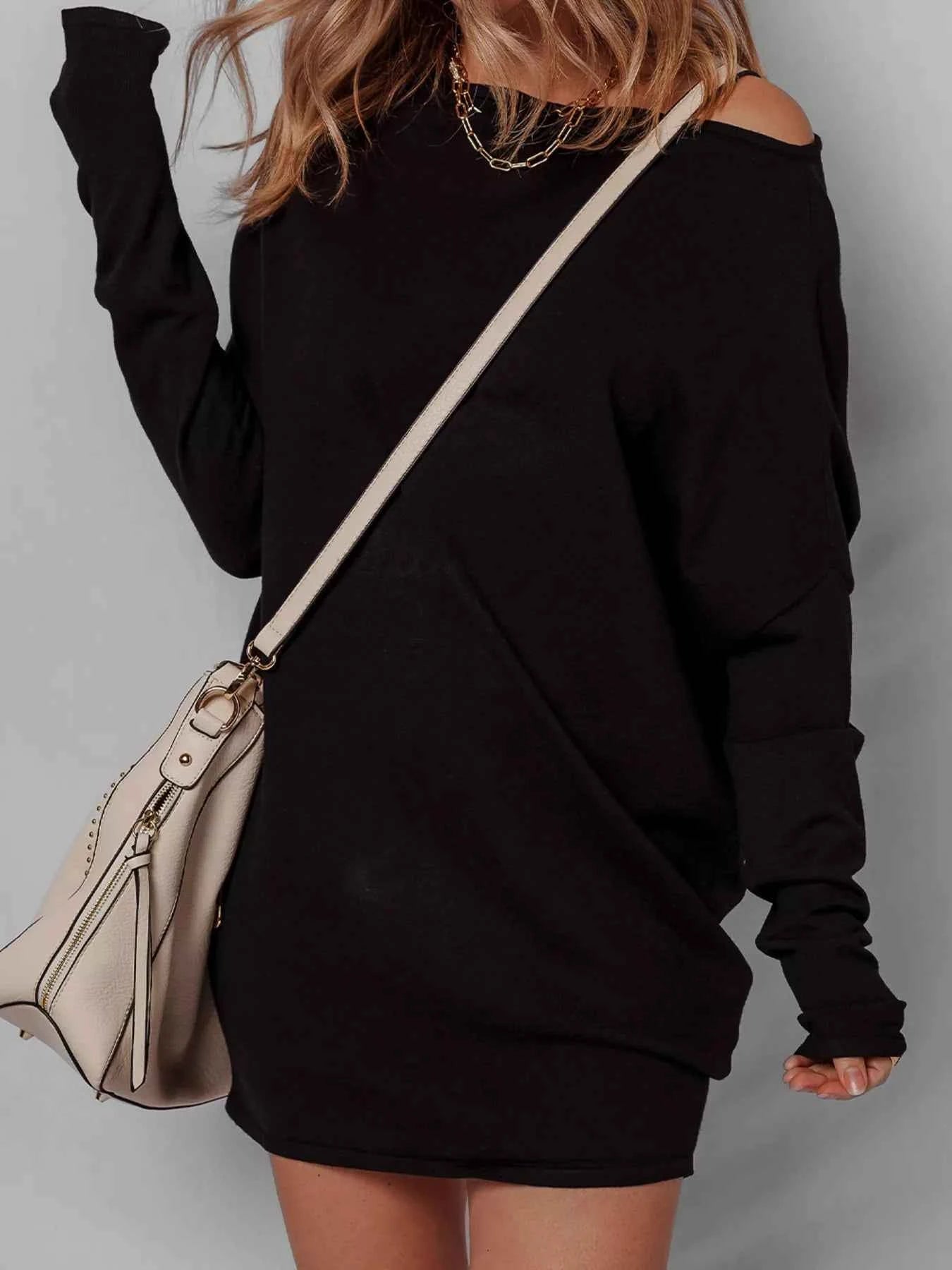 Asymmetric Neck Batwing Sleeve Shift Mini Sweater Dress
