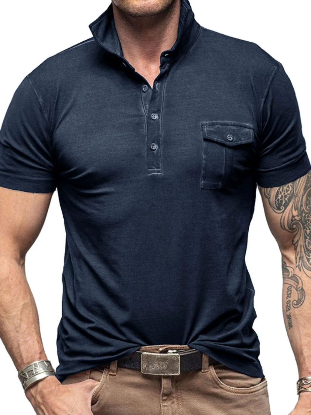 Men's Classic Pocket Polo Shirt with Stand Collar.