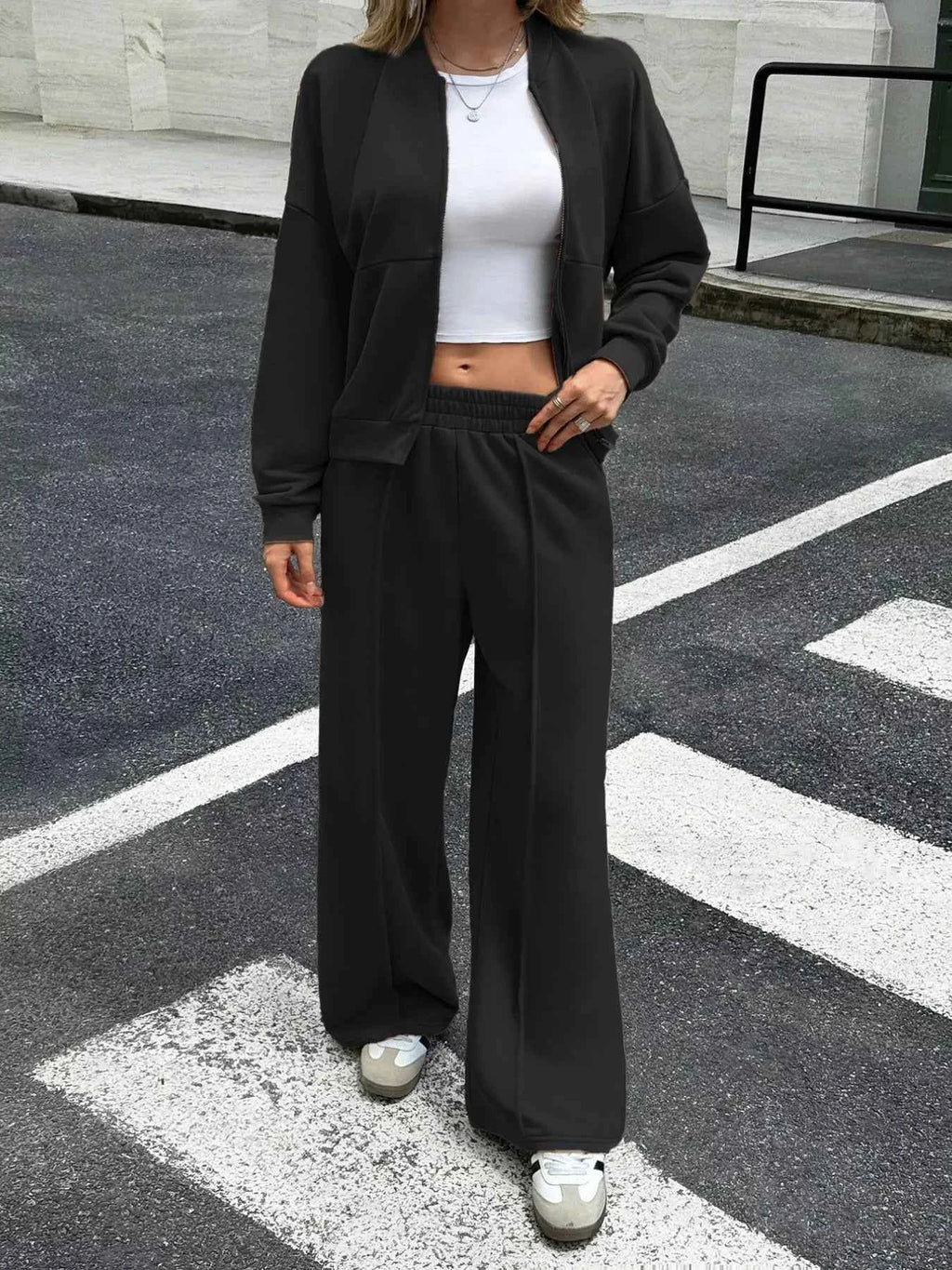 Zip Up Drop Shoulder Top and Pants Set
