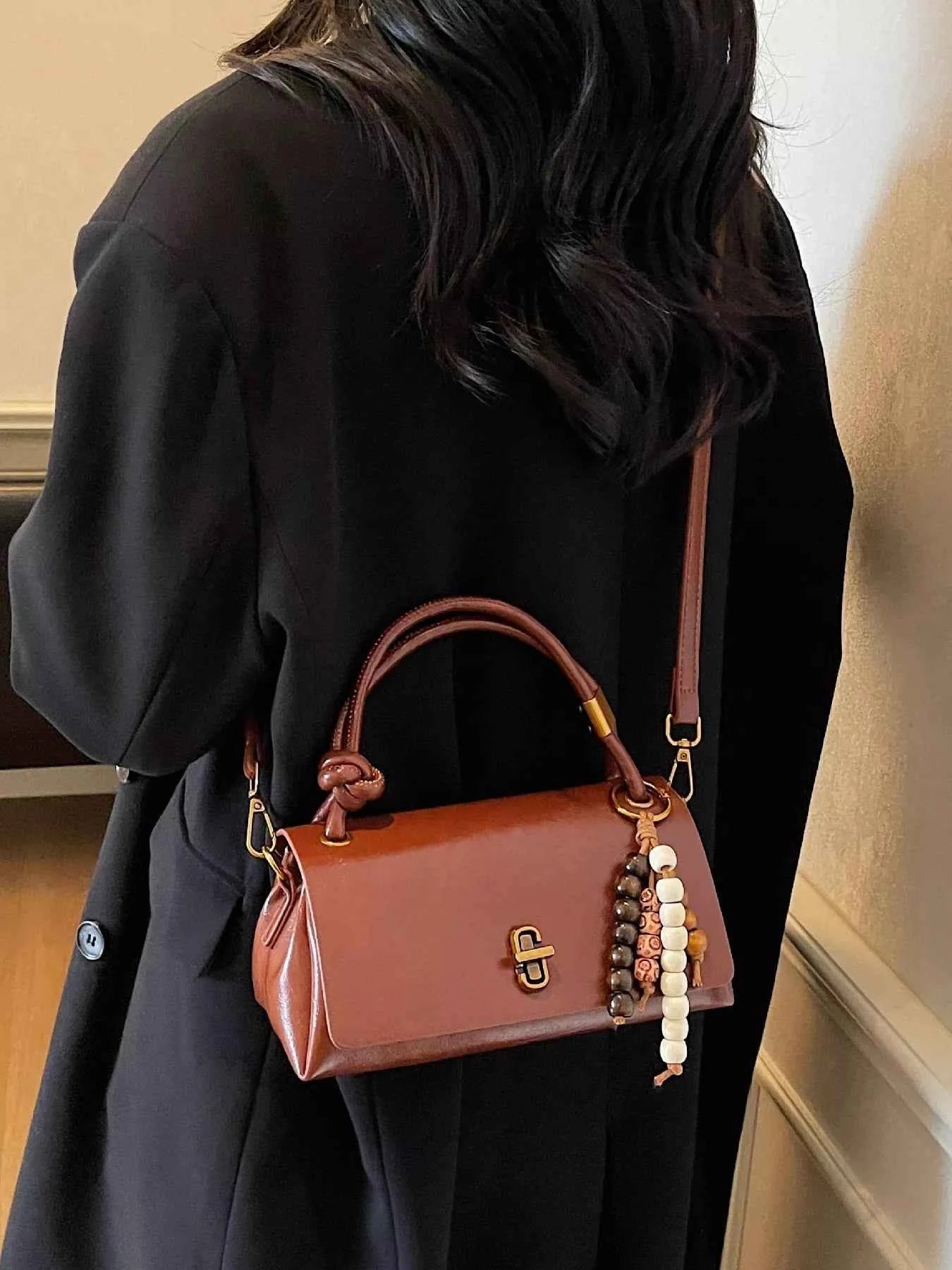 Leather Crossbody Bag with Bead Charm