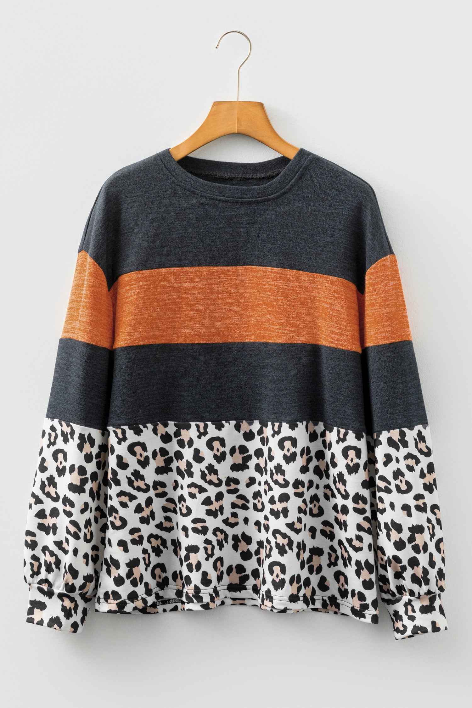 Black Color Block Leopard Patchwork Long Sleeve Casual Top