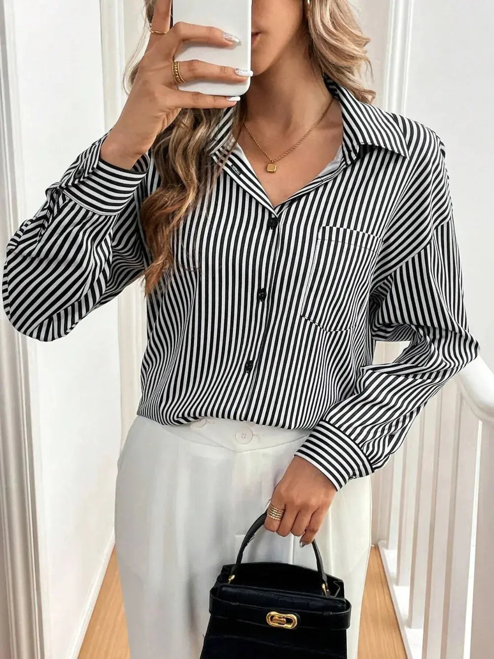 Cutout Bow Back Striped Collared Neck Long Sleeve Shirt.