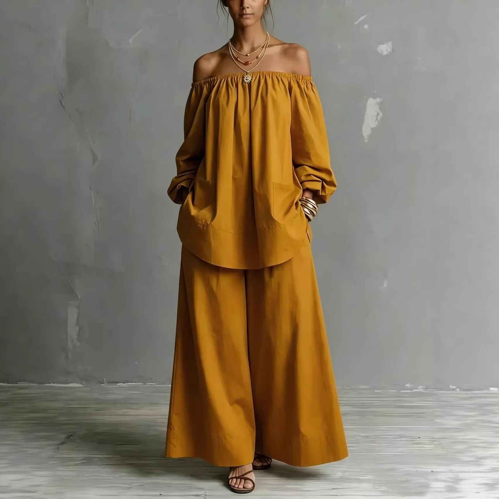 Off-shoulder Womens Cotton And Linen Wide-leg Pants Set