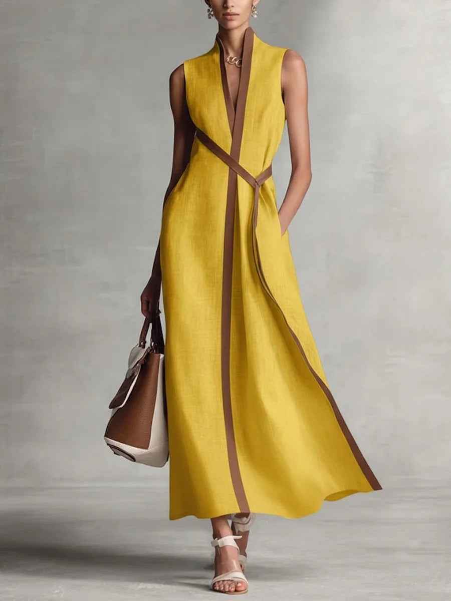 Color Block Sleeveless Stand Collar Linen Blend Dress