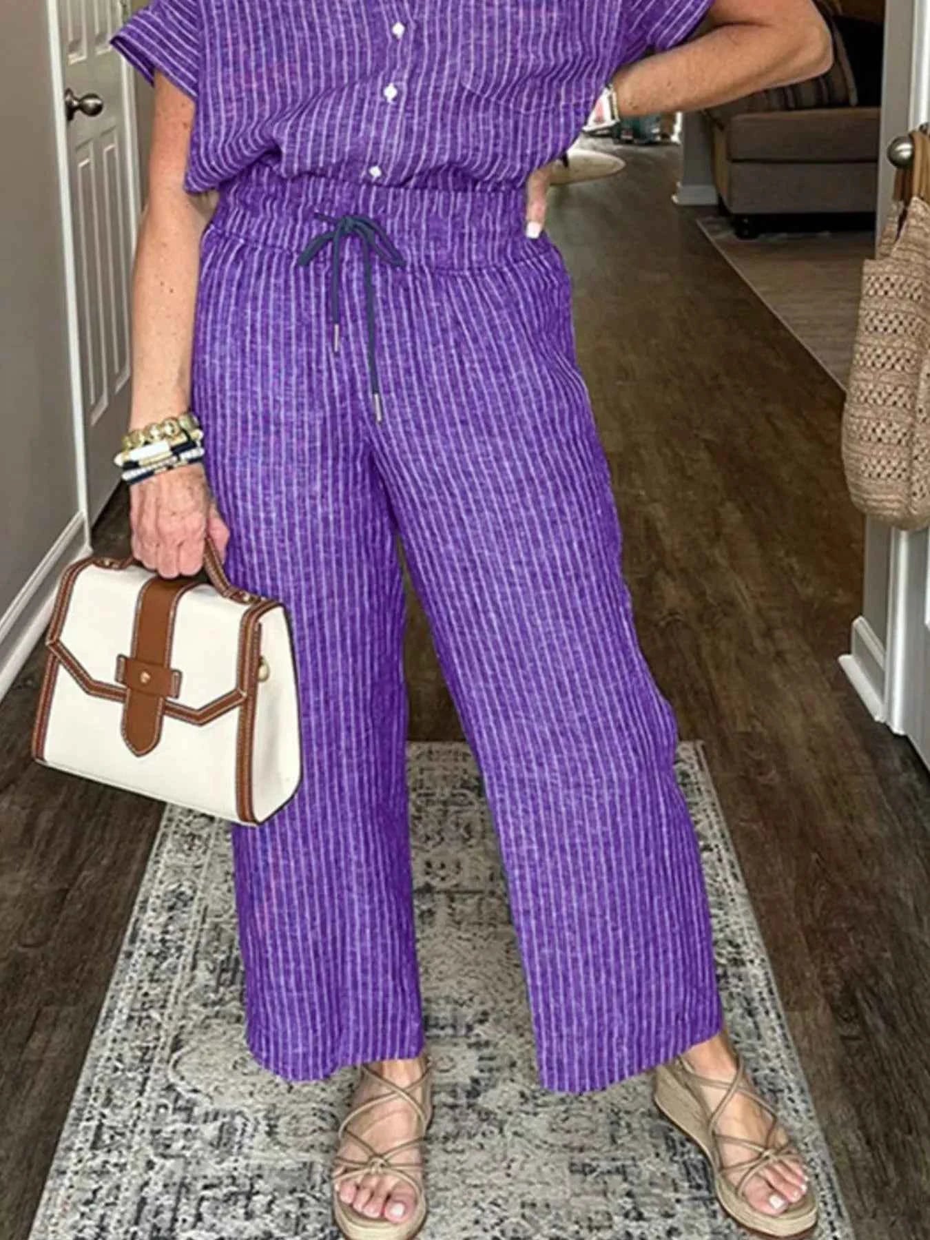 Full Size Striped Button-Up Shirt and Wide Leg Pants Casual Set Plus Size
