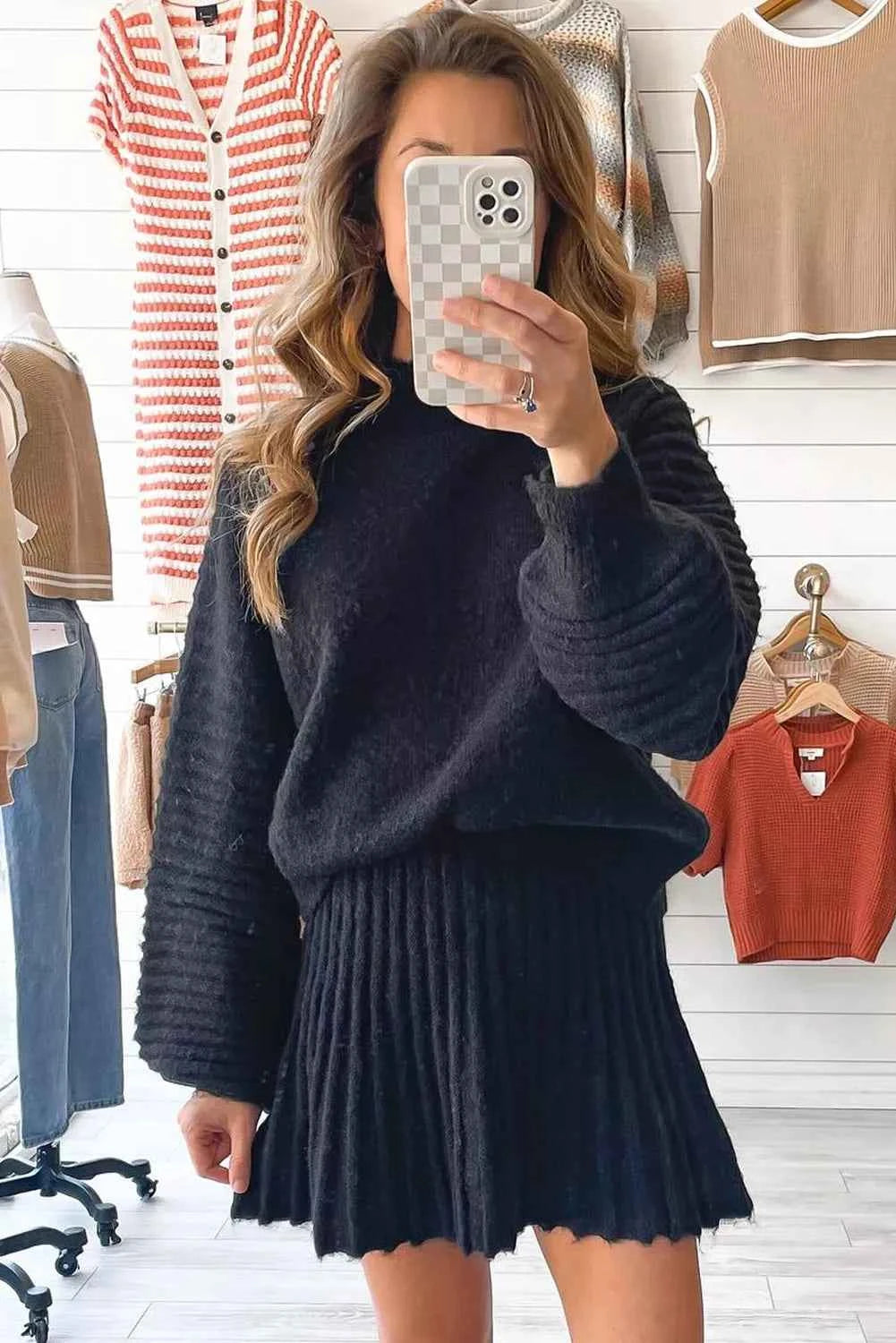 Round Neck Top and Skirt Sweater Set