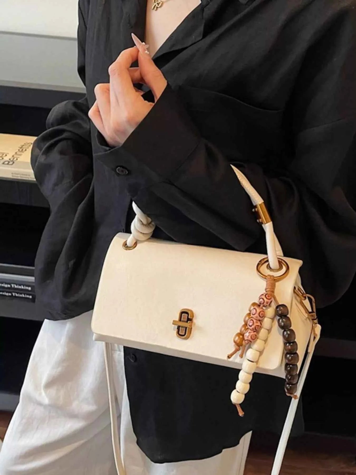 Leather Crossbody Bag with Bead Charm