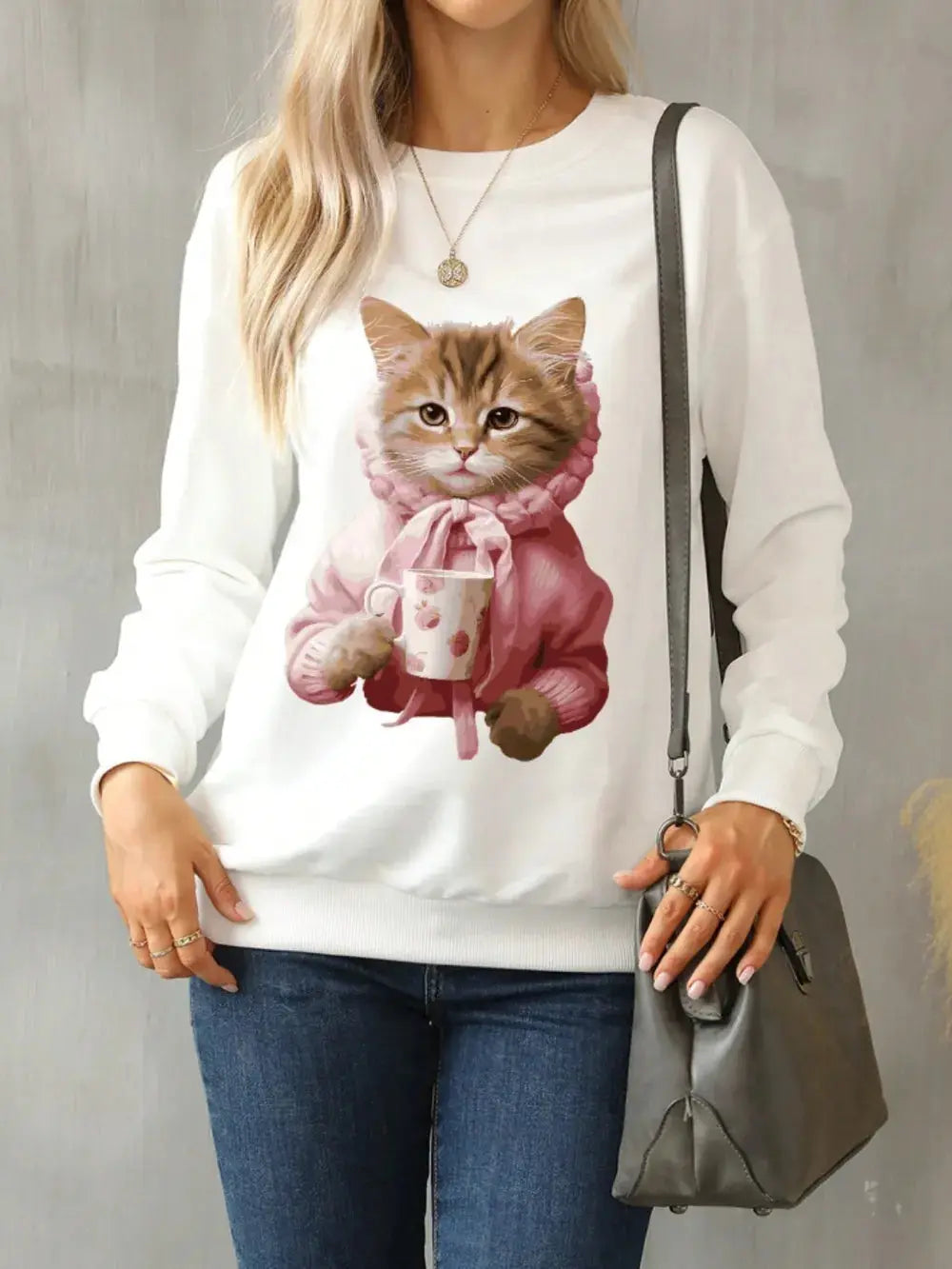 Cat Round Neck Long Sleeve Sweatshirt.