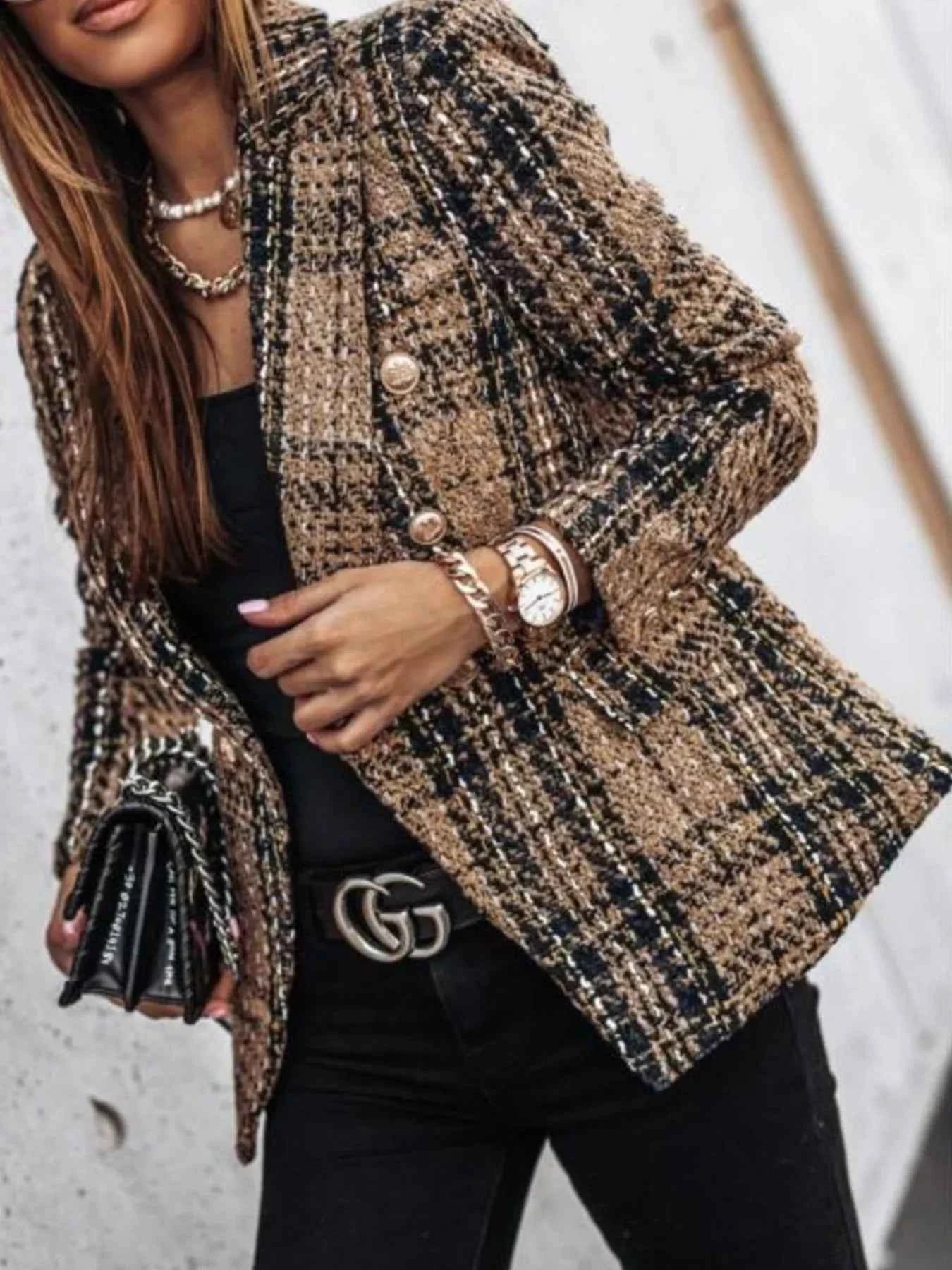 Full Size Plaid Tweed Double-Breasted Blazer Plus Size