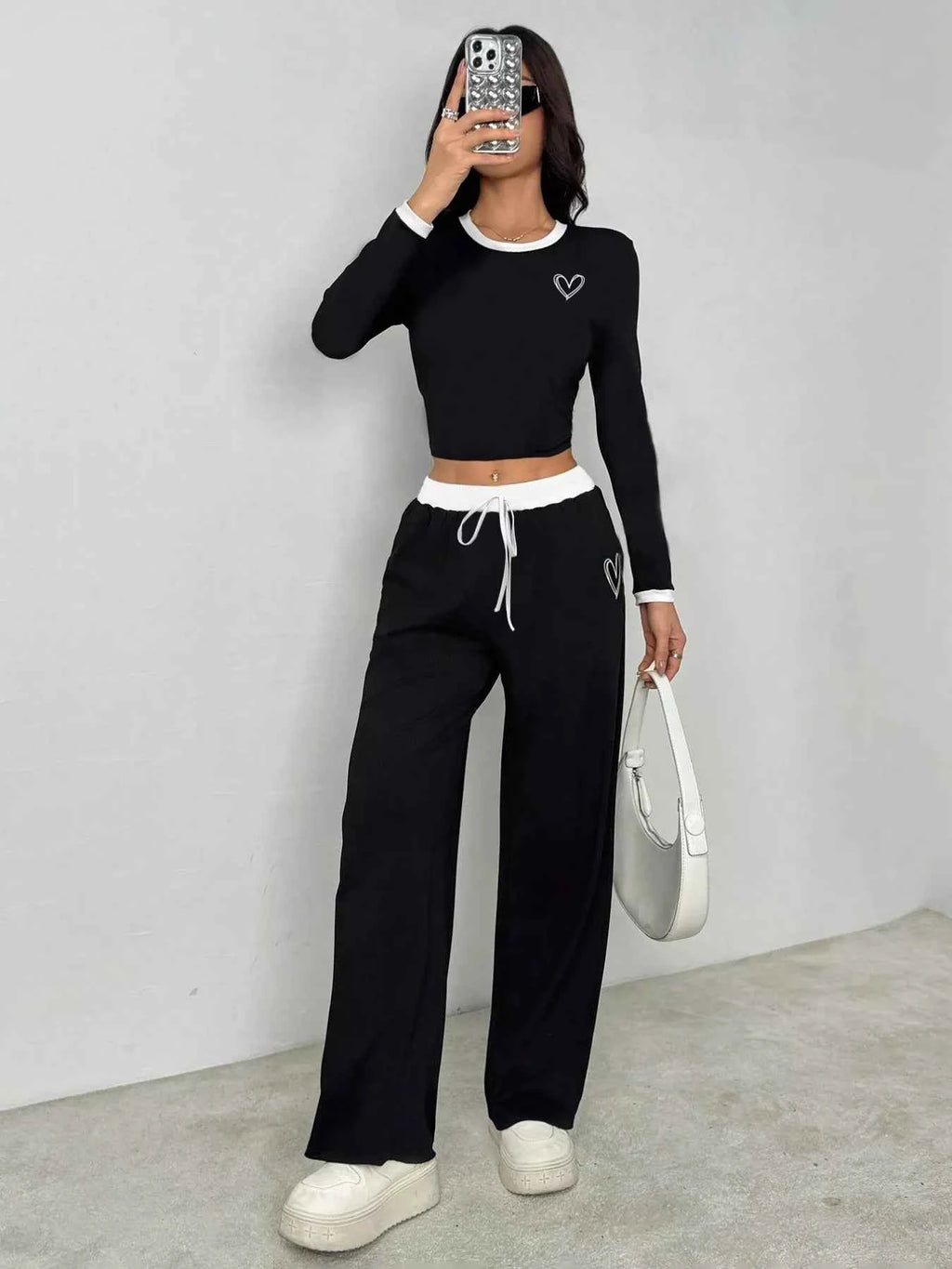 Contrast Trim Crop Top and Wide Leg Pants Set