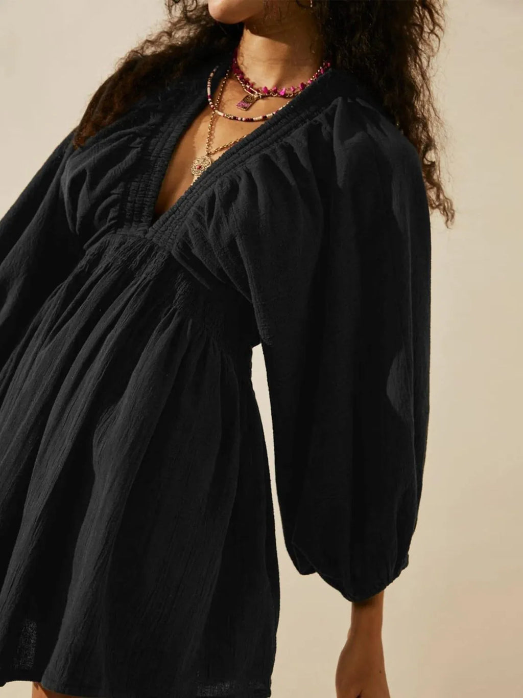 Textured V-Neck Mini Dress.