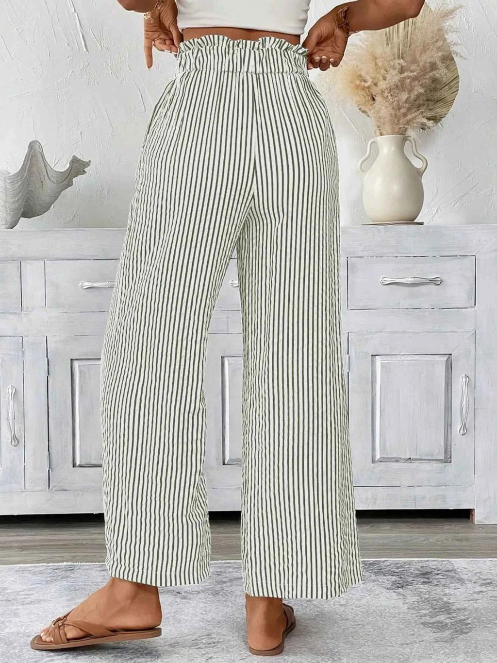Full Size Striped Wide Leg Paper Bag Pants Plus Size