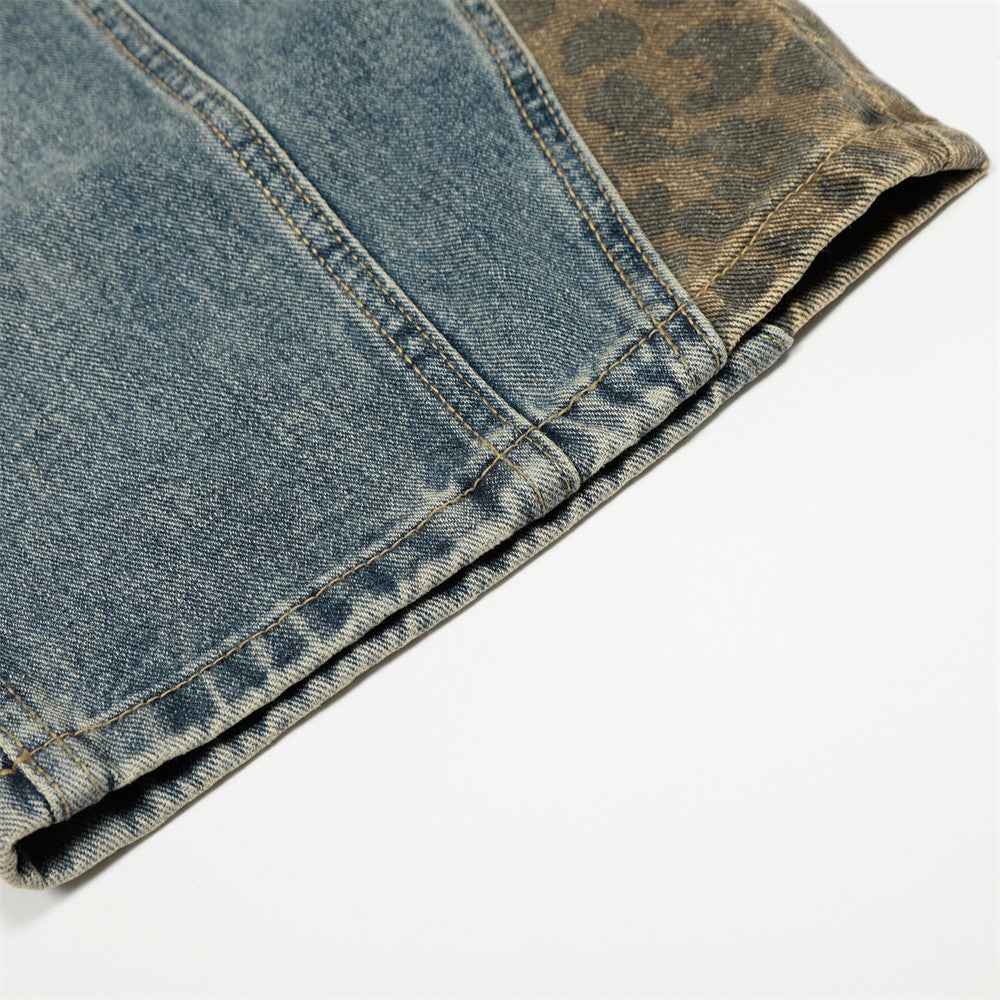 Leopard print patchwork washed curved knife jeans