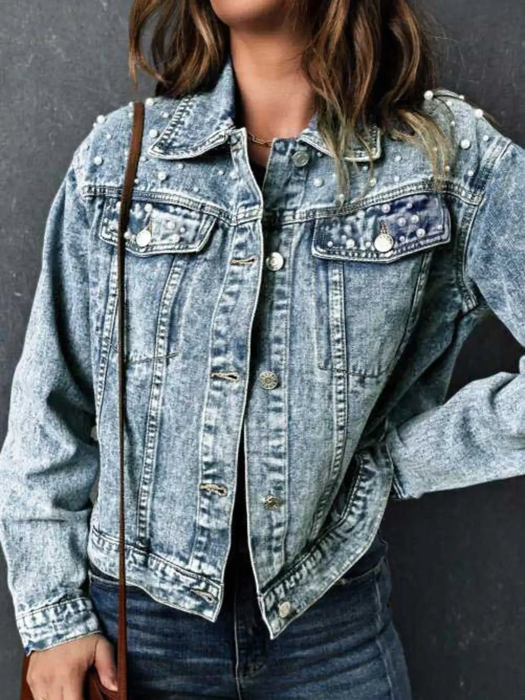 Full Size Pearl Detail Button Up Long Sleeve Denim Jacket Plus Size.