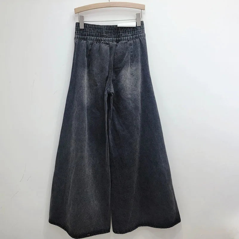 Vintage black floral wide leg jeans with loose fit high waist wide legs floor length pants