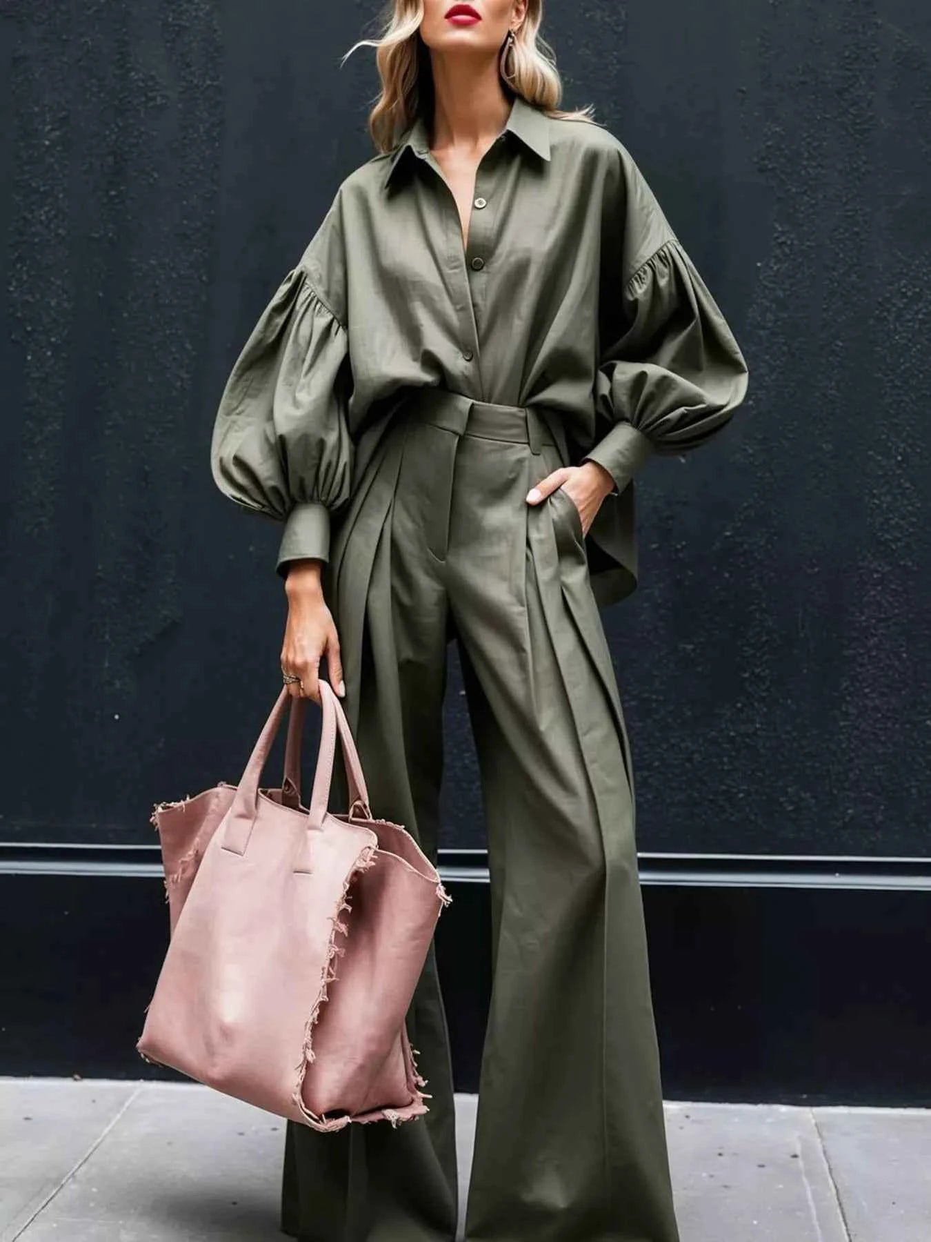 Lantern Sleeve Shirt and Wide Leg Pants Set