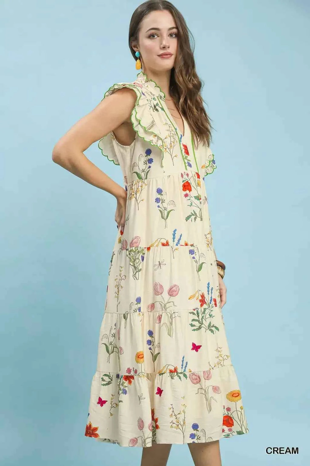 Umgee Floral Ruffle Tiered Midi Dress with Scalloped Detail