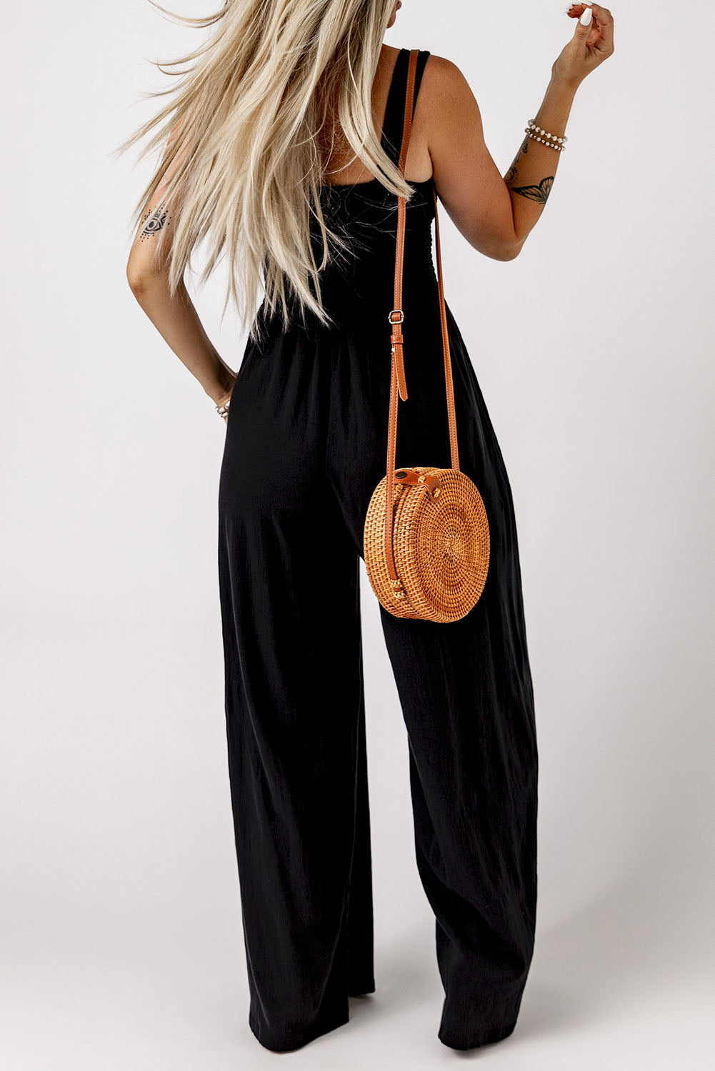 Black Smocked Sleeveless Wide Leg Jumpsuit with Pockets Dear-Lover Dropshipping