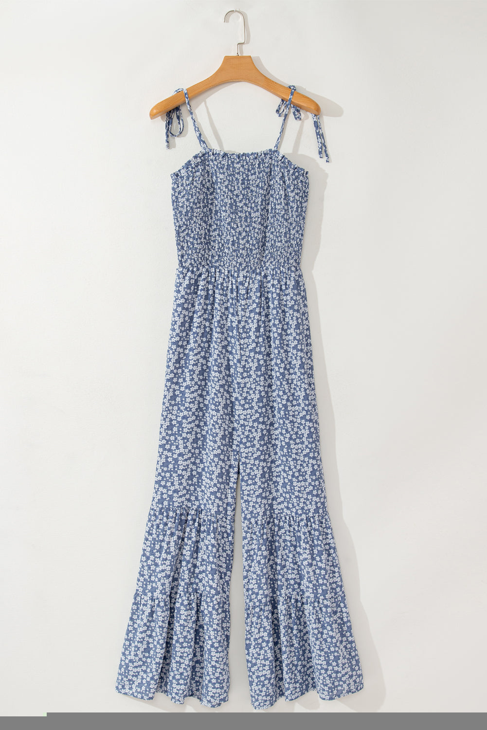Dusk Blue Thin Straps Smocked Bodice Wide Leg Floral Jumpsuit Dear-Lover Dropshipping