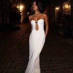 Solid color elegant strapless U-neck high waisted long dress