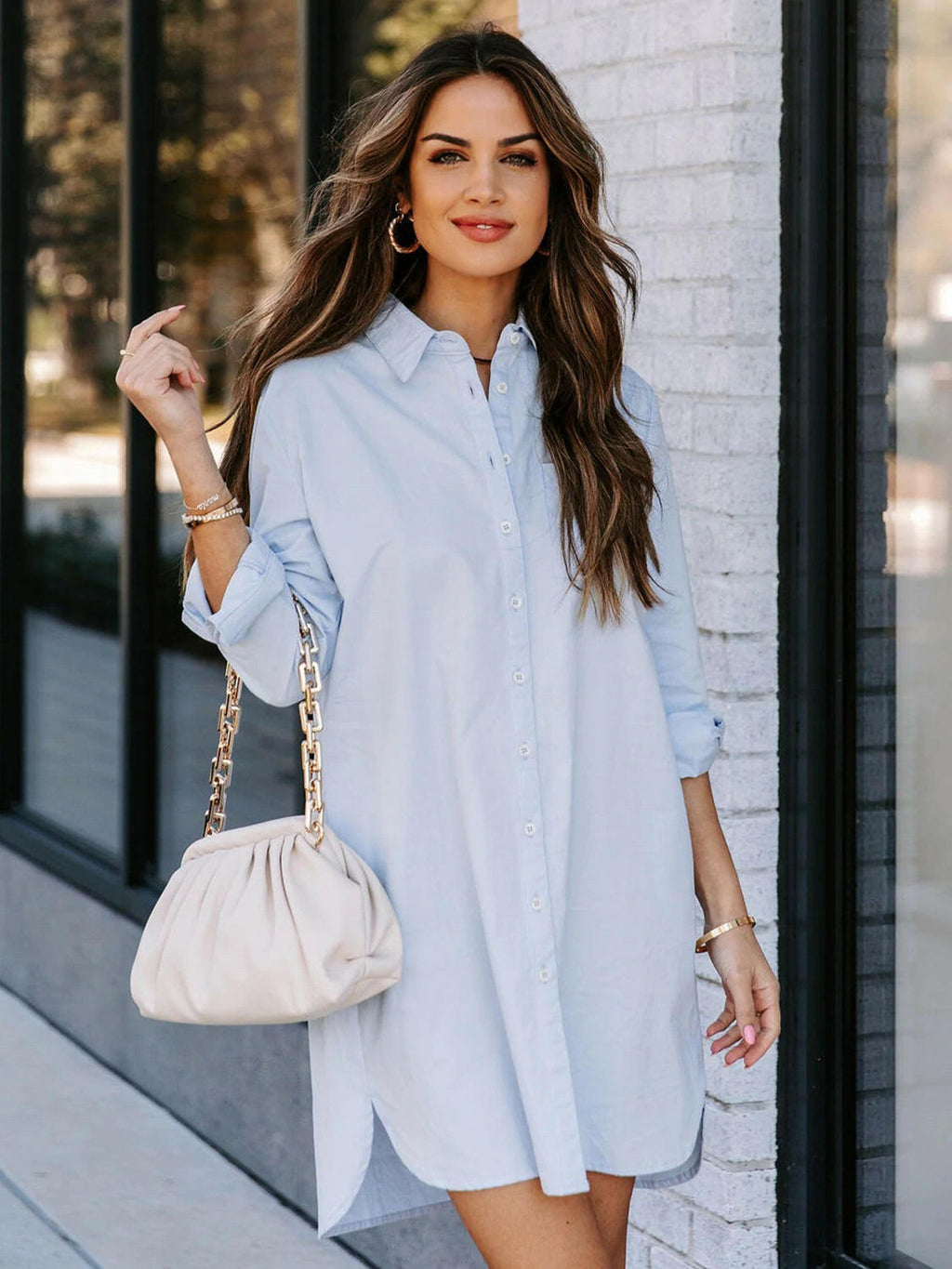 Lovelet Button Up Collared Neck Long Sleeve Shirt Dress.