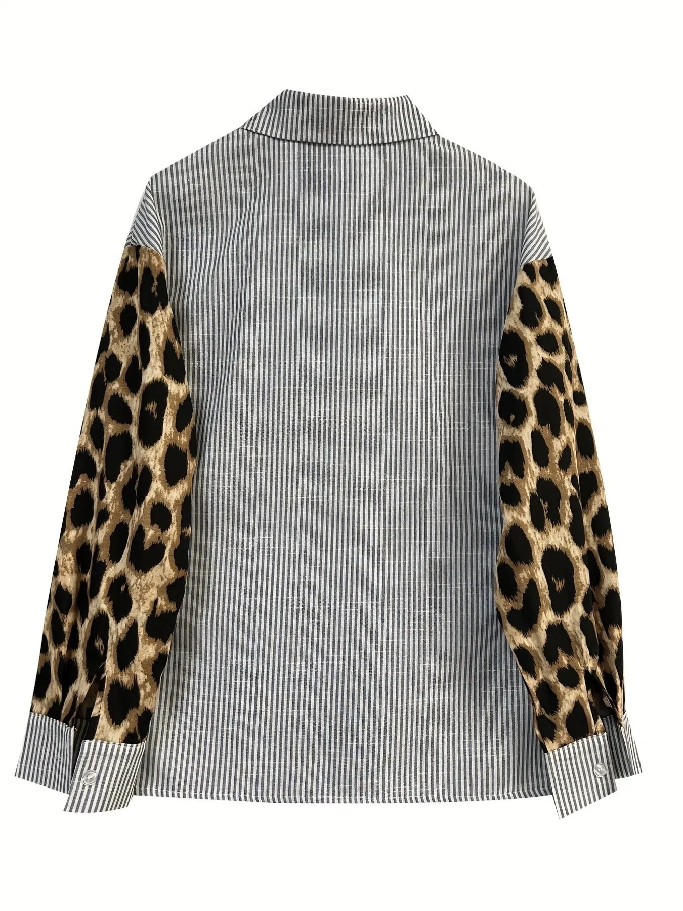 Leopard Print Sleeve Striped Button-Down Shirt.