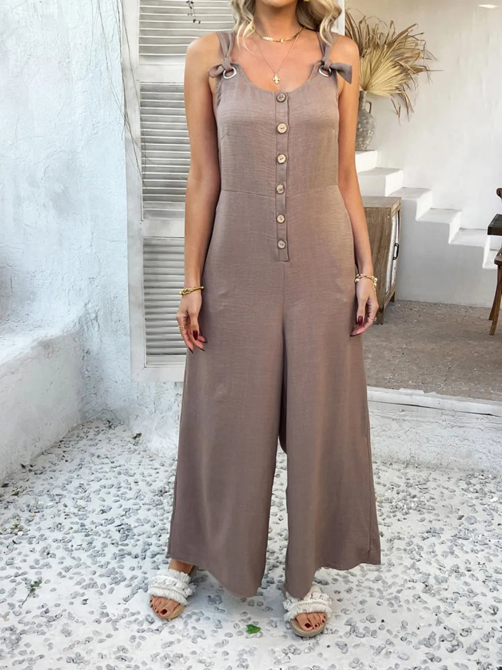 Devine Button Front Knotted Strap Wide Leg Jumpsuit.