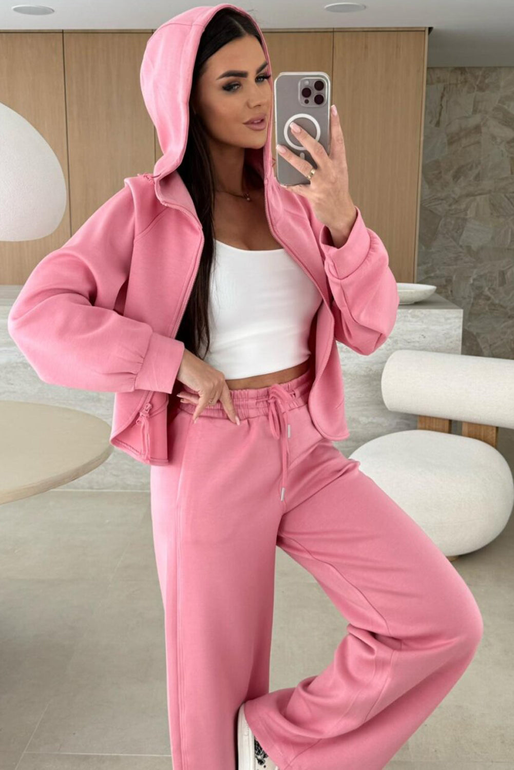 Pink Solid Color Zip Up Hoodie Drawstring Loose Pants Set Dear-Lover Dropshipping
