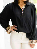 Contrast Leopard Print Patchwork Polo Collar Buttons Front Long Sleeve Blouse