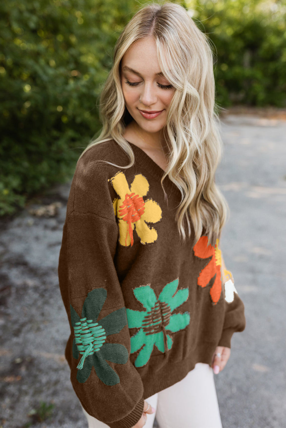 Coffee Big Flower Pattern V Neck Drop Shoulder Sweater Dear-Lover Dropshipping