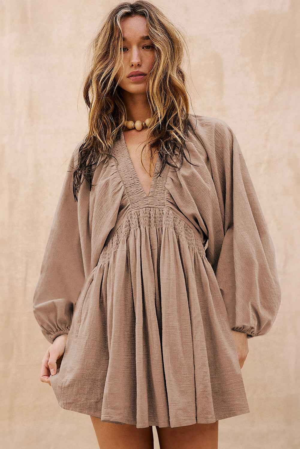 Smoke Gray Deep V Neck Bubble Sleeve Smocked Mini Dress