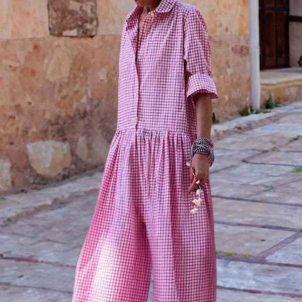 Plaid Collar Long Sleeve Jumpsuit