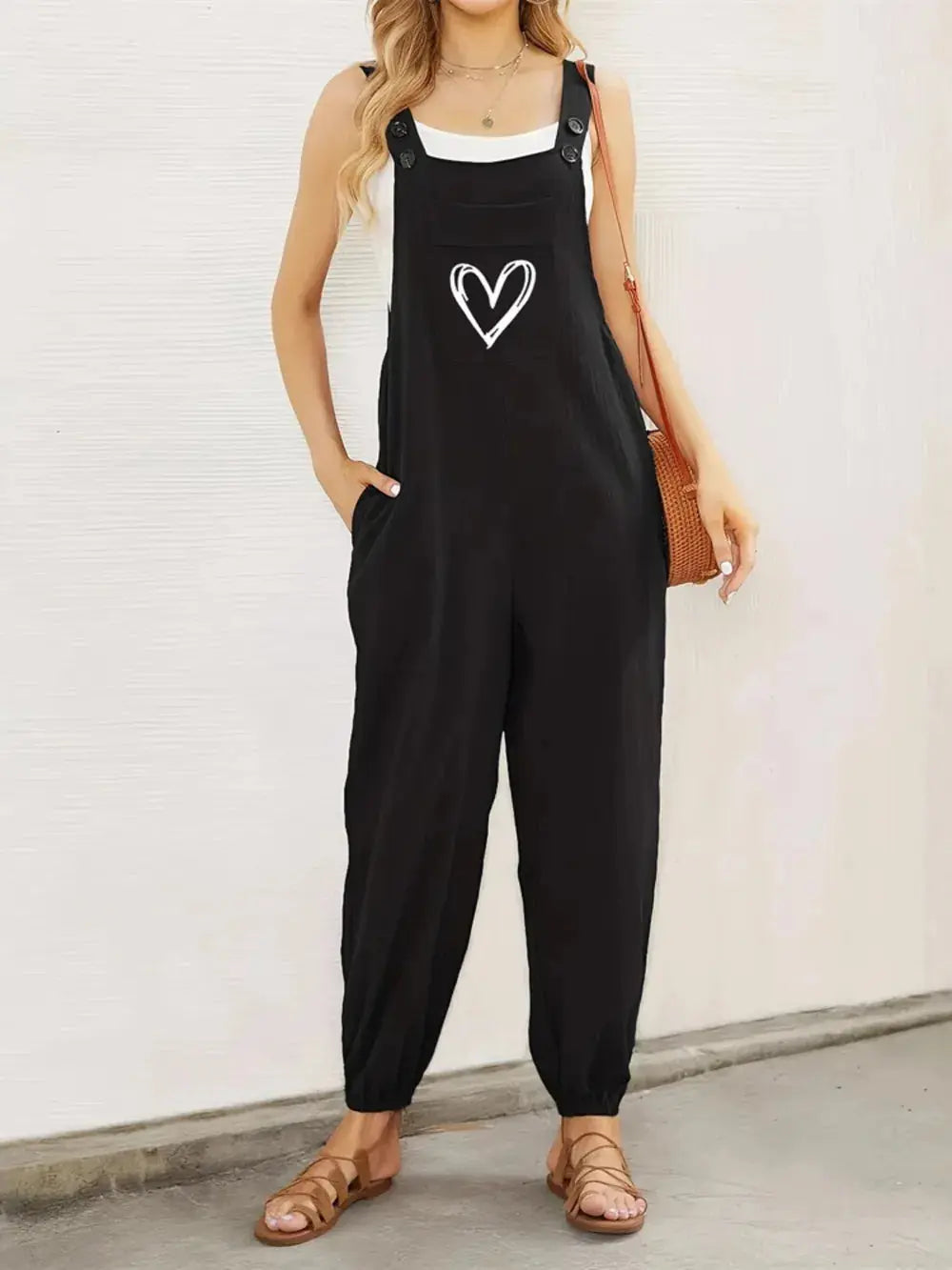 Heart Square Neck Wide Strap Overalls.