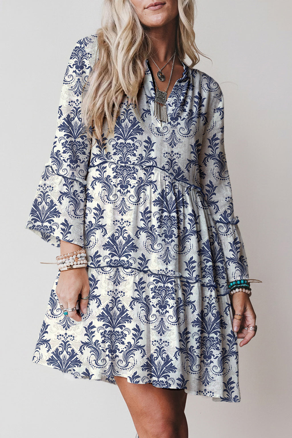 Sky Blue Boho Floral Print Lettuce Trim 3/4 Sleeve Mini Dress