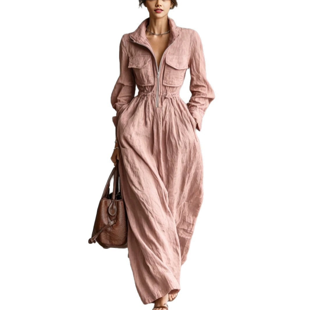 Women's Zipper Collar Elastic Waist Long Dress