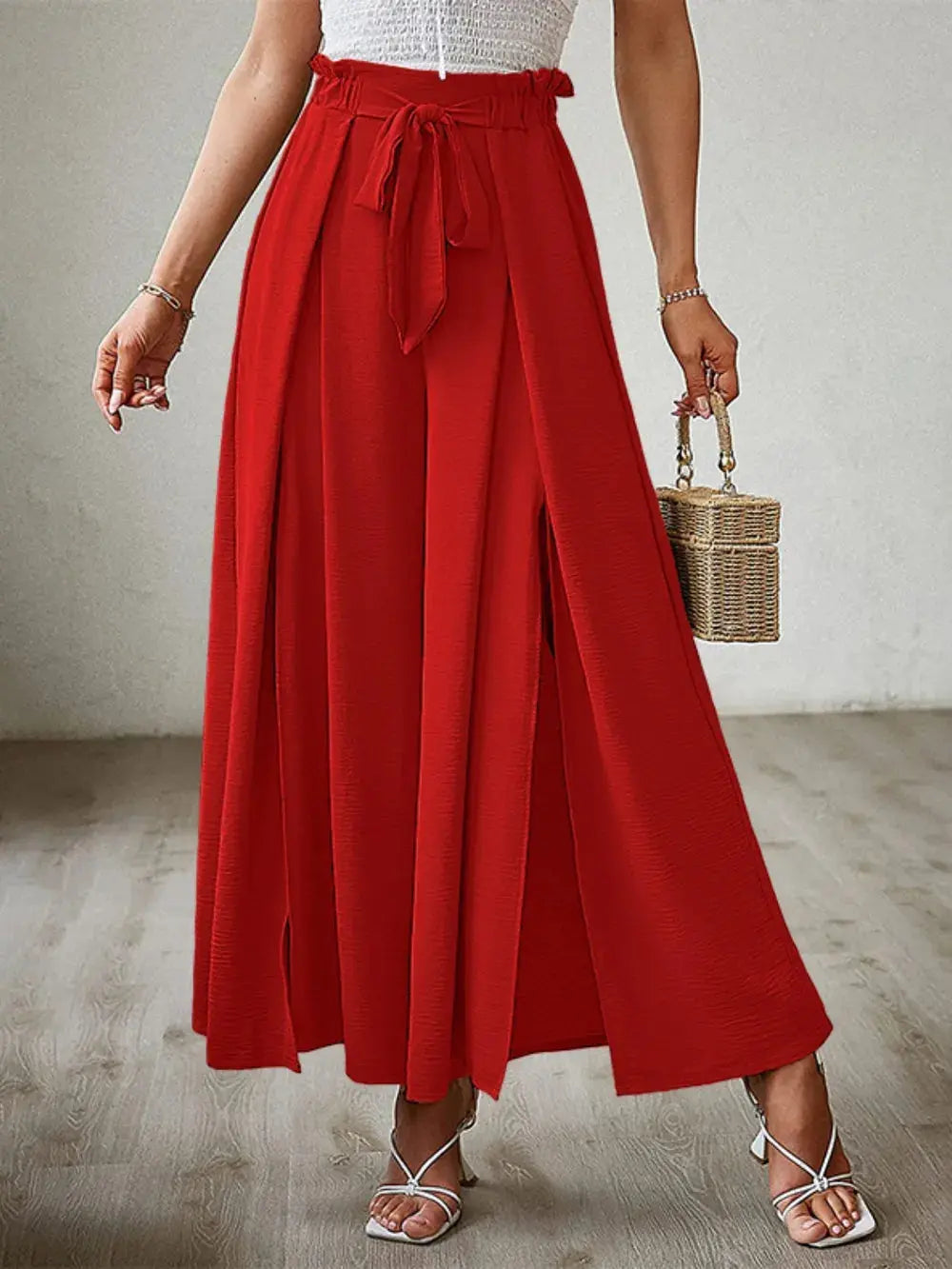 Tied Slit Wide Leg Pants.