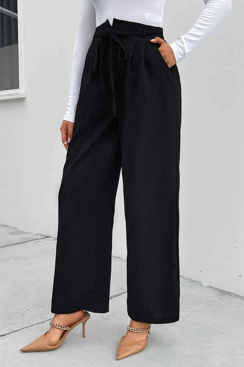 Perfee High Waist Ruched Tie Front Wide Leg Pants