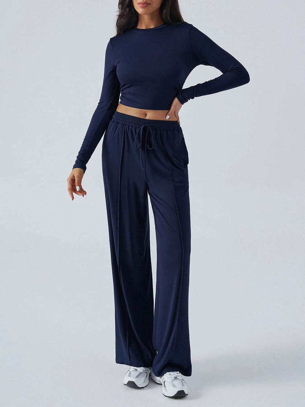 Round Neck Long Sleeve Top and Pants Set.