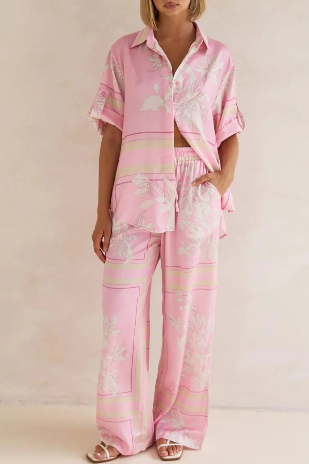 Printed Button Up Shirt and Pants Set - CHIC TB