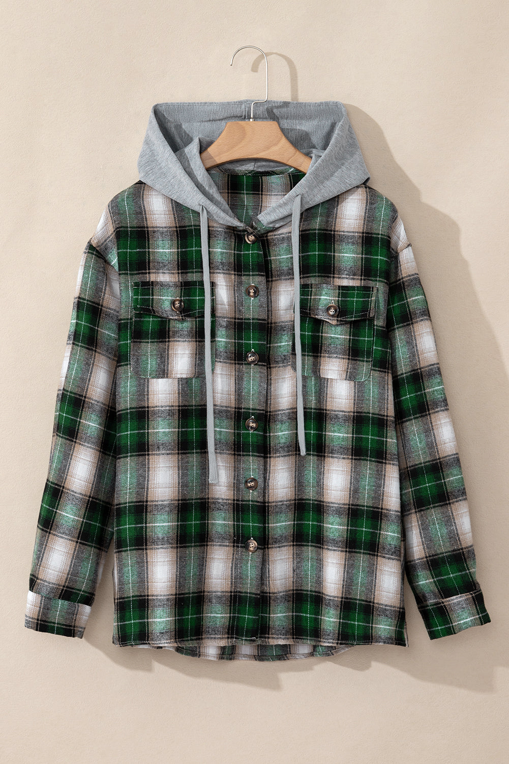 Green Plaid Print Chest Pocket Buttoned Hooded Shacket Dear-Lover Dropshipping