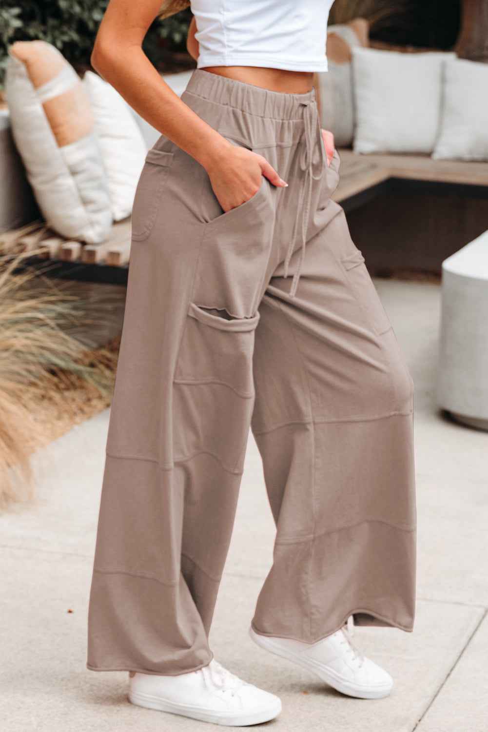 Smoke Gray Mineral Wash Exposed Seam Drawstring Elastic Waistband Wide Leg Cargo Pants