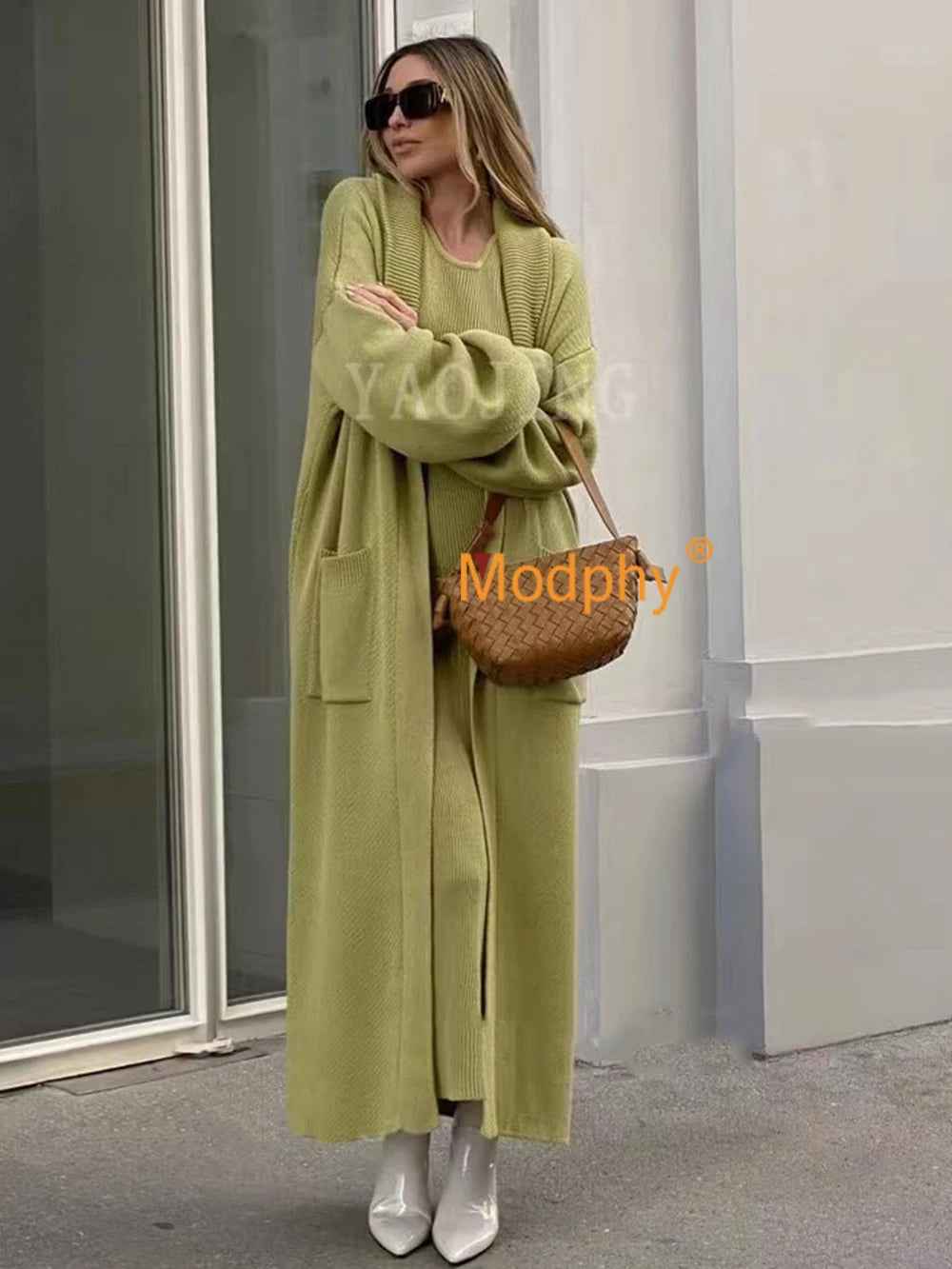 Fashion women's knitted long sleeved cardigan sleeveless dress long casual knitted two-piece set