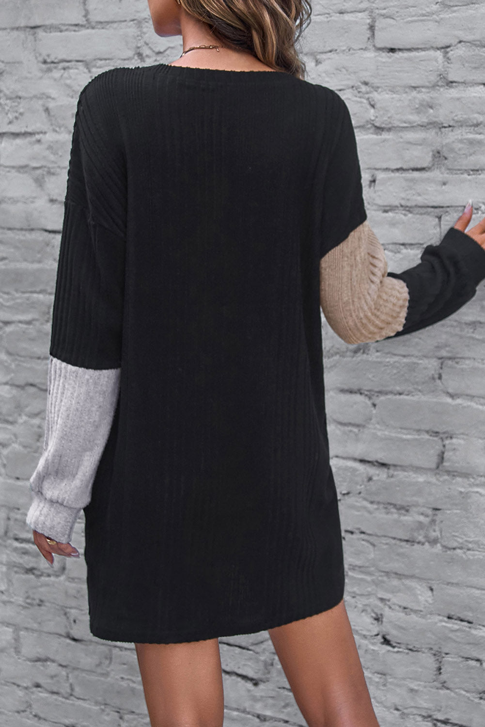Black Ribbed Color Block Drop Shoulder Long Sleeve Mini Dress Dear-Lover Dropshipping