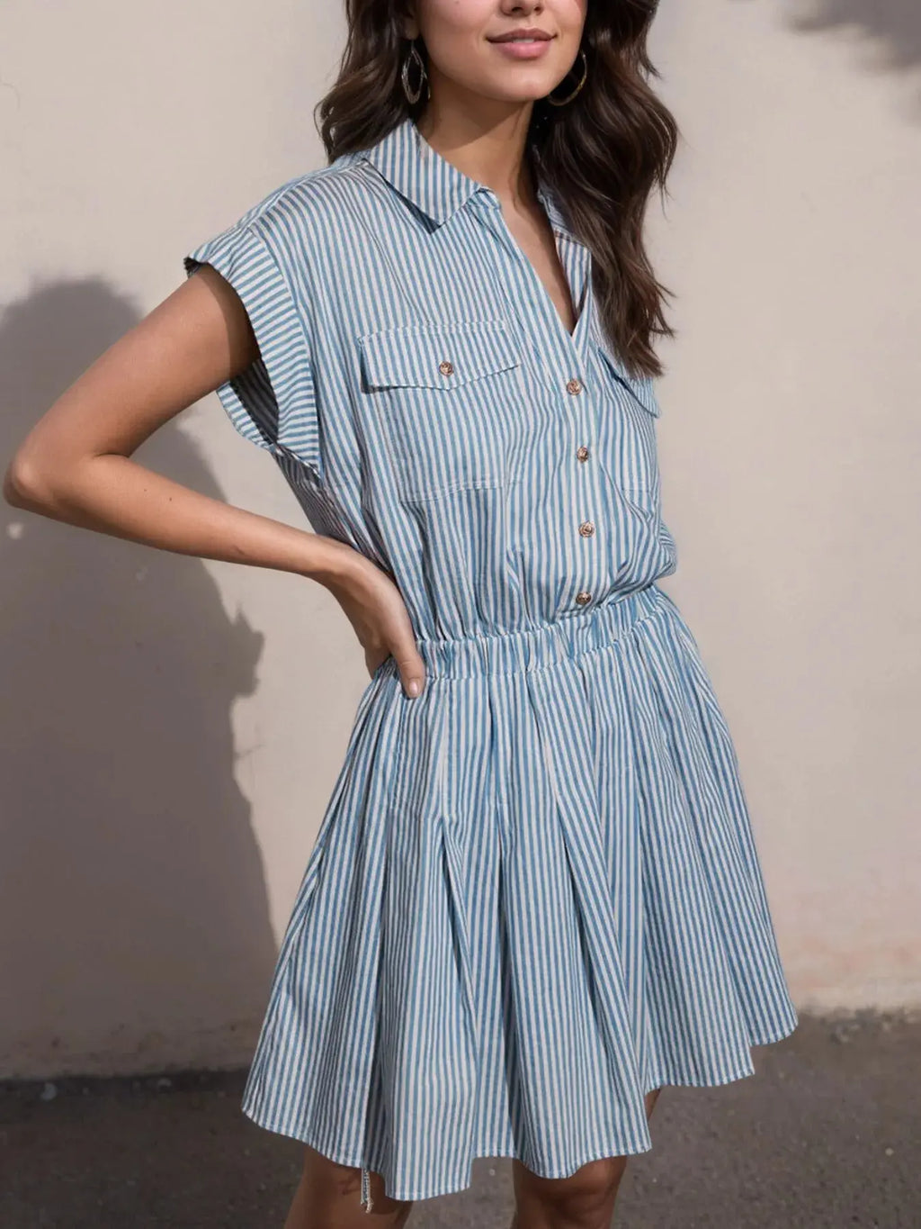 Hlaf Button Striped Cap Sleeve Mini Shirt Dress.